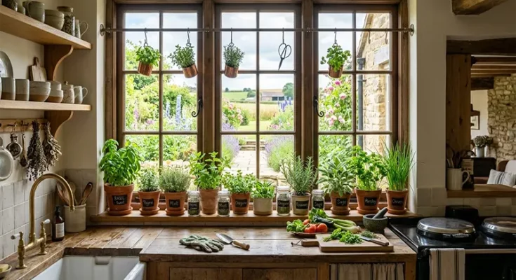 Farmhouse Kitchen Garden Window Design for Growing Fresh Indoor Herbs