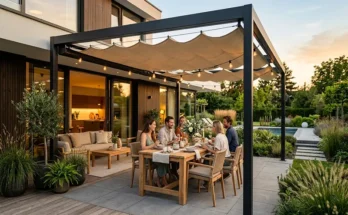 Modern Pergola Design Ideas with Retractable Canopies for Transitional Outdoor Dining