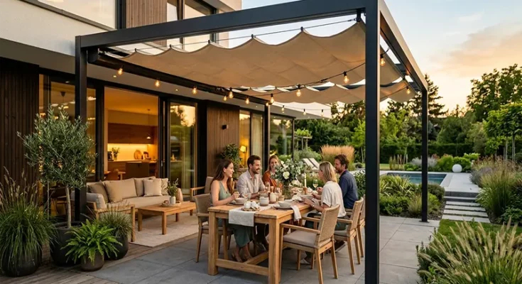 Modern Pergola Design Ideas with Retractable Canopies for Transitional Outdoor Dining